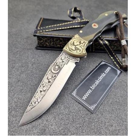 El Yapımı Kilitli GMikarta Kabze Pirinç Balçak Gravürlü N690 Çelik Çakı Hm352