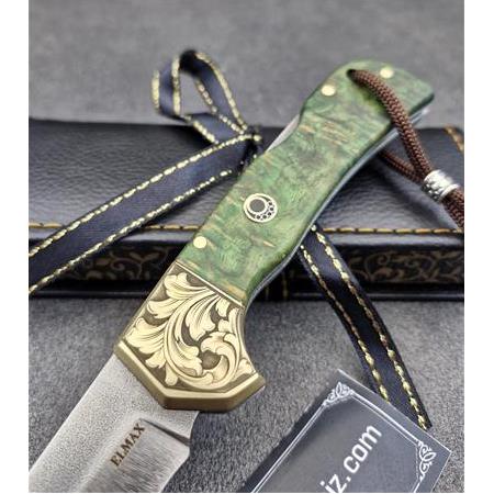 El Yapımı Kilitli Kompakt Stabilize Kabze Pirinç Balçak Gravürlü Elmax Toz Metal Çelik Çakı Hm482