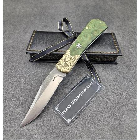 El Yapımı Kilitli Kompakt Stabilize Kabze Pirinç Balçak Gravürlü Elmax Toz Metal Çelik Çakı Hm481