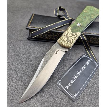 El Yapımı Kilitli Kompakt Stabilize Kabze Pirinç Balçak Gravürlü Elmax Toz Metal Çelik Çakı Hm481