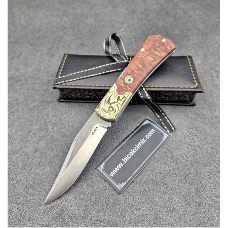 El Yapımı Kilitli Kompakt Stabilize Kabze Pirinç Balçak Gravürlü Elmax Toz Metal Çelik Çakı Hm475