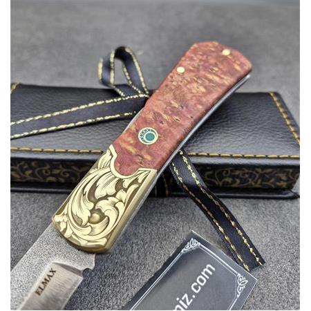 El Yapımı Kilitli Kompakt Stabilize Kabze Pirinç Balçak Gravürlü Elmax Toz Metal Çelik Çakı Hm475