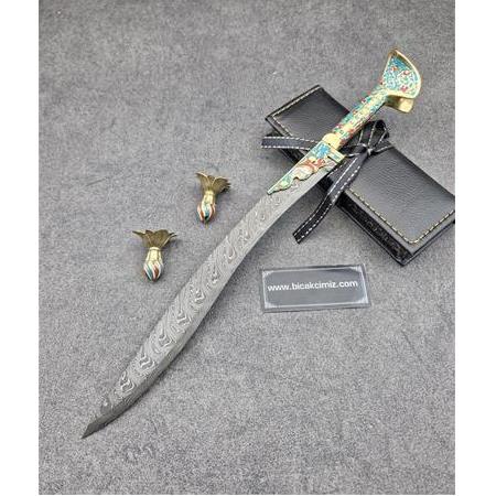 Yatağan Palası Minyatür Damascus  35 cm   Mine İşlemeli Pirinç Kabza HM089
